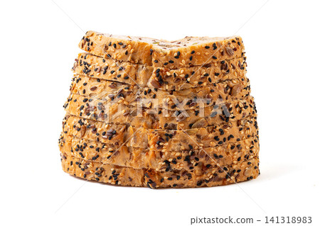 slices of artisanal European sourdough bread with flaxseed and walnut 141318983