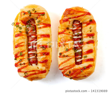 savory green onion sausage bun topped with mayonnaise and ketchup 141319089