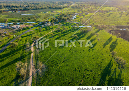 Aerial scene showcasing the lush green landscape surrounding the Pilliga Artesian Bore Baths, highlighting the natural bushland and popular thermal bathing destination near Pilliga, NSW, Australia. Aerial scene showcasing the lush green landscape surrounding the Pilliga Artesian Bore Baths, highlighting the natural bushland and popular thermal bathing destination near Pilliga, NSW, Australia. 141319226