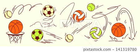 Doodle soccer ball bouncing icons, jump effect Doodle soccer ball bouncing icons, jump effect 141319780
