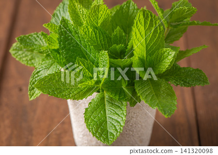 Fresh organic green mint leaves in a rustic textured pot placed on a dark wooden table creating a vibrant healthy culinary herb display Fresh organic green mint leaves in a rustic textured pot placed on a dark wooden table creating a vibrant healthy culinary herb display 141320098