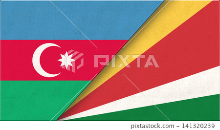 Double Flag of Azerbaijan and Seychelles on Fabric Texture. 3D illustration 141320239