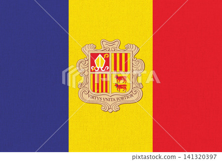 National flag of Andorra on fabric texture closeup. Andorran national flag 141320397