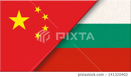 Double flag of China and Bulgaria on fabric texture. Chinese and Bulgarian flag Double flag of China and Bulgaria on fabric texture. Chinese and Bulgarian flag 141320402