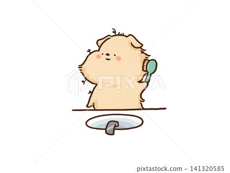 A dog using a brush to fix its bedhead in the bathroom (grooming/morning routine). A dog using a brush to fix its bedhead in the bathroom (grooming/morning routine). 141320585