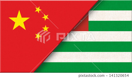 Double flag of China and Abkhazia on fabric texture. 141320654