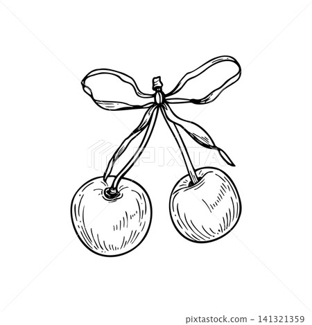 Hand drawn sketch of two cherries tied with ribbon bow. Vintage couple of ripe berry line art black ink illustration. Monochrome fruit element for menu design, valentine day celebration, sticker Hand drawn sketch of two cherries tied with ribbon bow. Vintage couple of ripe berry line art black ink illustration. Monochrome fruit element for menu design, valentine day celebration, sticker 141321359