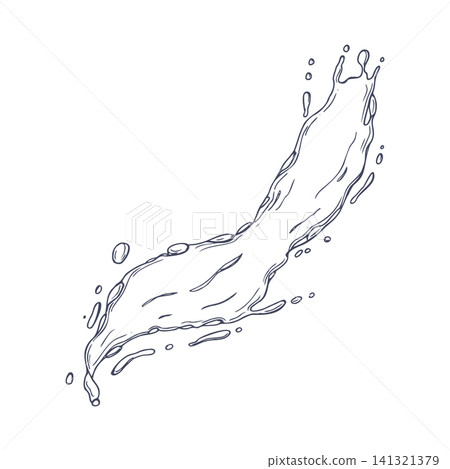 Liquid water splash in motion sketch painted by black inks. Dynamic stream with flowing droplets and ripples linear drawing. Hand drawn wave for beverage, freshness, nature and movement concept. Liquid water splash in motion sketch painted by black inks. Dynamic stream with flowing droplets and ripples linear drawing. Hand drawn wave for beverage, freshness, nature and movement concept. 141321379
