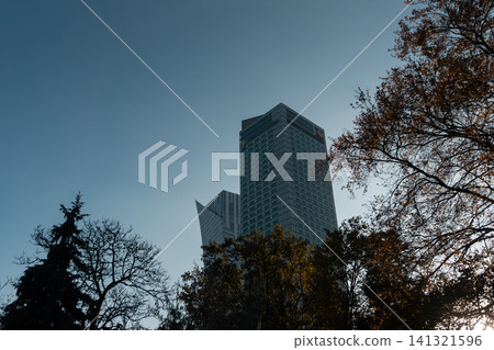 autumn central park with trees and skyscraper on background, blue sky autumn central park with trees and skyscraper on background, blue sky 141321596
