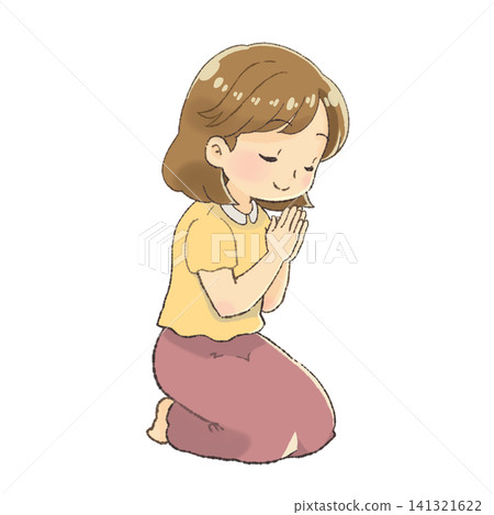 母親雙手合十祈禱的插圖(面向右側)。 母親雙手合十祈禱的插圖(面向右側)。 141321622
