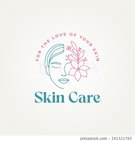 minimalist beauty woman face with plant flowers line art label logo vector illustration design. simple modern beauty salon, massage, spa, cosmetics logo concept 141321783