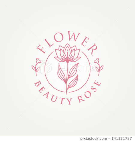 minimalist beauty rose flower and botanical leaf branch line art label logo badge vector illustration design. simple modern beauty salon, boutique, florist logo concept minimalist beauty rose flower and botanical leaf branch line art label logo badge vector illustration design. simple modern beauty salon, boutique, florist logo concept 141321787