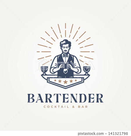 classic bar and eatery with bartender making cocktail label logo vector illustration design 141321798