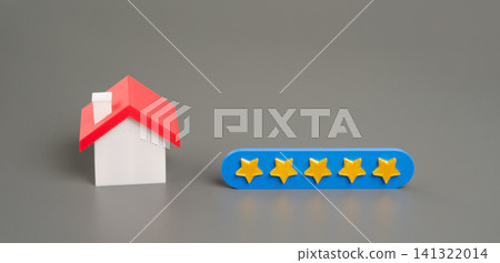 Five stars and house on a gray background. The concept of the best housing, luxury apartments VIP class. The best service and universal recognition, a high evaluation. Success. Feedback Five stars and house on a gray background. The concept of the best housing, luxury apartments VIP class. The best service and universal recognition, a high evaluation. Success. Feedback 141322014