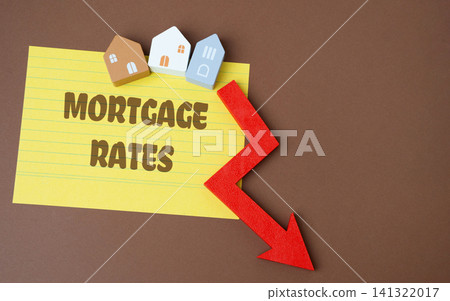 Mortgage interest rates and down arrow with houses. Lower mortgage rates, reduced borrowing costs, affordable home financing, lower monthly payments, and favorable housing market conditions Mortgage interest rates and down arrow with houses. Lower mortgage rates, reduced borrowing costs, affordable home financing, lower monthly payments, and favorable housing market conditions 141322017