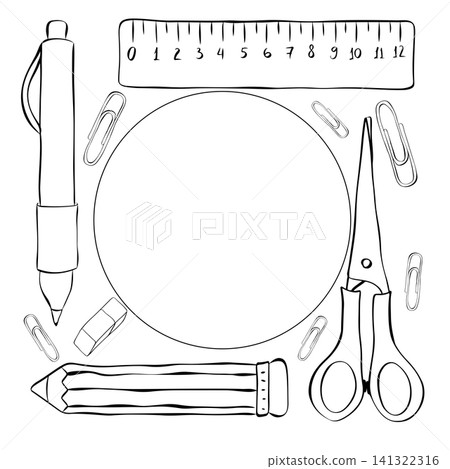 Colorful school themed School student tools Black and white frame circle square round hand drawn illustration. Vector graphic line ink art template. educational supplies. sale promotion, print Colorful school themed School student tools Black and white frame circle square round hand drawn illustration. Vector graphic line ink art template. educational supplies. sale promotion, print 141322316
