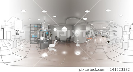 spherical panoramic render of the store, interior visualization, 3D illustration spherical panoramic render of the store, interior visualization, 3D illustration 141323382