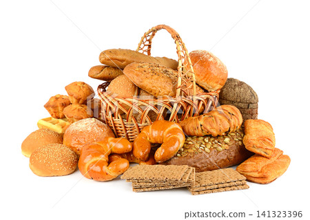 Large Variety of Fresh Baked Bakery Products and Different Bread in Wicker Basket Isolated on Pure White Background Large Variety of Fresh Baked Bakery Products and Different Bread in Wicker Basket Isolated on Pure White Background 141323396