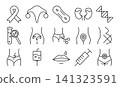 Ovarian cancer black line icon set, vector signs. Symptoms, diagnostics, treatment, consequences. Outline monochrome isolated symbols. Various linear pictograms 141323591