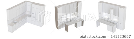 modern kitchen isolated on transparent background, home furniture, 3D illustration, cg render 141323697