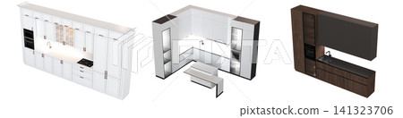 modern kitchen isolated on transparent background, home furniture, 3D illustration, cg render 141323706