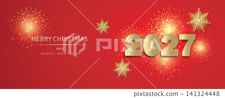 New Year's background with golden inscription 2027, snowflakes and fireworks on a red background. New Year's background with golden inscription 2027, snowflakes and fireworks on a red background. 141324448