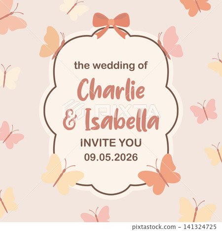 Wedding Invitation Card Template on Pink Background With Butterflies, Bow and Ornamental Frame. Romantic Wedding Invite Design for Bridal Announcement. Save the Date. RSVP Card, Wedding Design Wedding Invitation Card Template on Pink Background With Butterflies, Bow and Ornamental Frame. Romantic Wedding Invite Design for Bridal Announcement. Save the Date. RSVP Card, Wedding Design 141324725