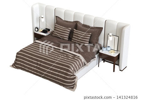 double bed isolated on a transparent background, furniture for the bedroom interior, 3D illustration, cg render double bed isolated on a transparent background, furniture for the bedroom interior, 3D illustration, cg render 141324816