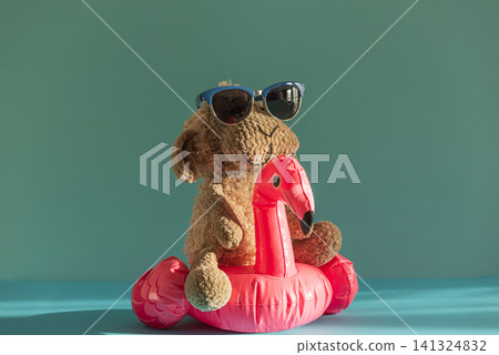 Stuffed animal sheep enjoying summer vacation on flamingo float Stuffed animal sheep enjoying summer vacation on flamingo float 141324832