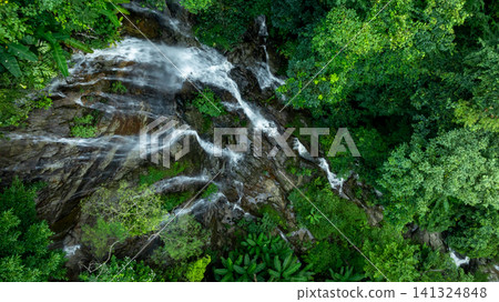 Aerial view of deep tropical rainforest with waterfall surrounded by lush tropical forest and towering cliffs streams of water into deep canyon, Lush green trees in forest with natural stream. 141324848