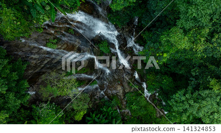 Aerial view of deep tropical rainforest with waterfall surrounded by lush tropical forest and towering cliffs streams of water into deep canyon, Lush green trees in forest with natural stream. Aerial view of deep tropical rainforest with waterfall surrounded by lush tropical forest and towering cliffs streams of water into deep canyon, Lush green trees in forest with natural stream. 141324853