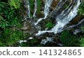 Aerial view of deep tropical rainforest with waterfall surrounded by lush tropical forest and towering cliffs streams of water into deep canyon, Lush green trees in forest with natural stream. 141324865