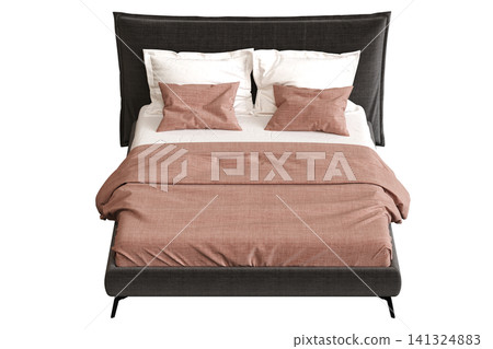 double bed isolated on a transparent background, furniture for the bedroom interior, 3D illustration, cg render 141324883