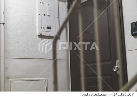 A front door with an intercom on a retro apartment building, seen through a fence. A front door with an intercom on a retro apartment building, seen through a fence. 141325107