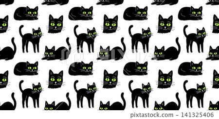 Cute black cats in a variety of playful poses. A seamless repeating pattern. For Halloween themes, pet lovers, childrens products, textiles, wrapping paper, stationery, wallpapers, digital backgrounds Cute black cats in a variety of playful poses. A seamless repeating pattern. For Halloween themes, pet lovers, childrens products, textiles, wrapping paper, stationery, wallpapers, digital backgrounds 141325406