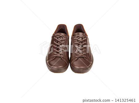 Pair of men's brown leather sneakers isolated on white background 141325461