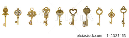 Large collection of vintage golden keys in rows isolated on white background 141325463