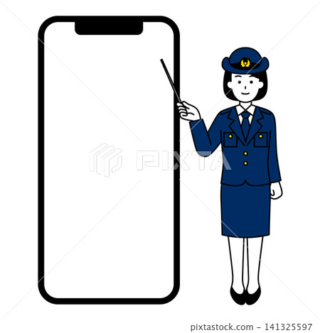 一名女警官正在講解如何使用螢幕空白的大尺寸智慧型手機和指示棒。 一名女警官正在講解如何使用螢幕空白的大尺寸智慧型手機和指示棒。 141325597