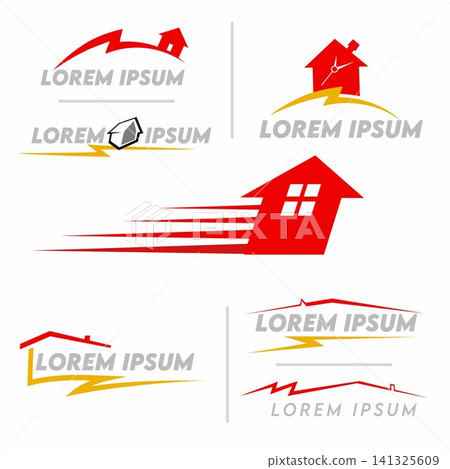 Set of house and home logo templates with lightning bolt and speed elements. 141325609