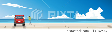 Horizontal or Landscape shows a person standing next to a red car parked on a sandy beach. Looking out at the calm blue sea under a sunny sky with soft white clouds. Relax banner background. Horizontal or Landscape shows a person standing next to a red car parked on a sandy beach. Looking out at the calm blue sea under a sunny sky with soft white clouds. Relax banner background. 141325670