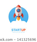 Startup Rocket Launch, Vector Illustration. Startup Business Growth and Startup Idea Square Banner with Flying Rocket. Clouds and Blue Sky for New Company, Innovation, App Launch and Project Promotion 141325696