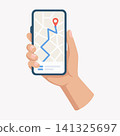 Cartoon Map Navigation App on Smartphone, Vector Illustration. GPS Navigation on Phone. Hand Holding Mobile Map with Route and Location Pin. Delivery Tracking, Route Finder, Direction App Illustration 141325697