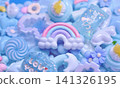 Lots of light blue decorative elements, rainbow, stylish and cute background photo, wallpaper, decoration. 141326195