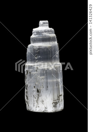 Macro mineral stone Selenite Gypsum on a black background 141326429