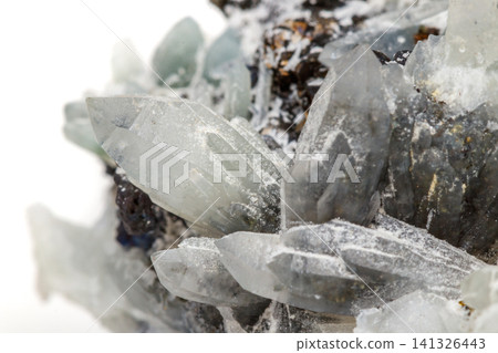 Macro mineral stone Drusus quartz with sphalerite in the rock a white background Macro mineral stone Drusus quartz with sphalerite in the rock a white background 141326443