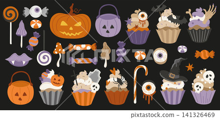 Hand-drawn Halloween scary treats with lollipops, sweets, candy cane and pumpkin trick or treat bucket and Jack-o-lantern decor Hand-drawn Halloween scary treats with lollipops, sweets, candy cane and pumpkin trick or treat bucket and Jack-o-lantern decor 141326469
