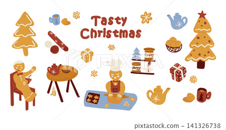 Illustration of festive Christmas scene featuring a chef baking cookies, decorated trees, gingerbread man, and various holiday treats on a bright background Illustration of festive Christmas scene featuring a chef baking cookies, decorated trees, gingerbread man, and various holiday treats on a bright background 141326738