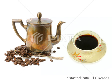 Antique Metal Coffee Pot with Fresh Brewed Cup and Beans Vintage Coffee Set with Roasted Beans and Cup Isolated on White Antique Metal Coffee Pot with Fresh Brewed Cup and Beans Vintage Coffee Set with Roasted Beans and Cup Isolated on White 141326854