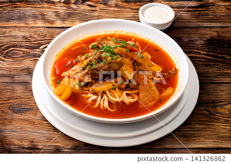 Lagman, a traditional noodle dish from Uzbekistan 141326862