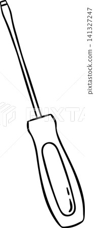 Black and white doodle of a screwdriver with flat head. Simple vector for tool shop packaging or technical documentation Black and white doodle of a screwdriver with flat head. Simple vector for tool shop packaging or technical documentation 141327247